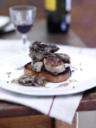 Partridge on Grilled Bread with Mushrooms and Brandy