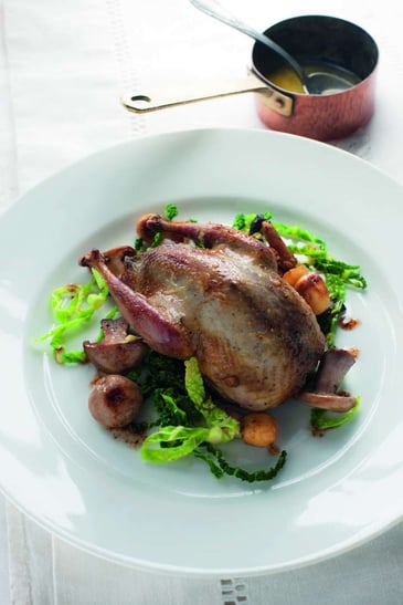 Roast Partridge with Wild Mushrooms and Autumn Greens